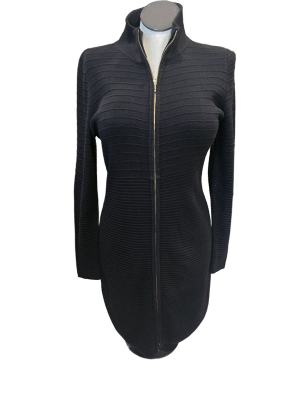 Women's Calvin Klein Black Full-Zip Ribbed Sweater Dress L
